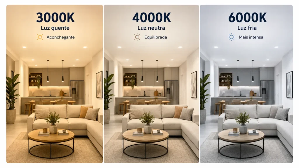 Comparativo entre luz 3000K, 4000K e 6000K em ambiente interno